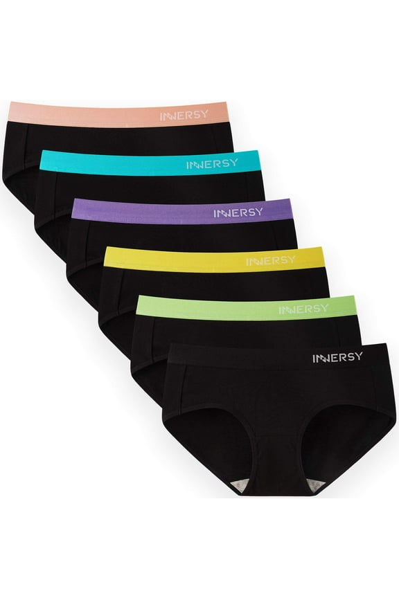 Underwear for Women Black Cotton Hipster Panties Sport Underwear 6- Pack (Large, Black With Colorful Waistbands)