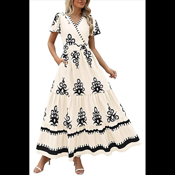 Vestido de Corta con Cuello en V, Estampado Floral, Bolsillos y Mangas Acampanadas, Color Albaricoque XL