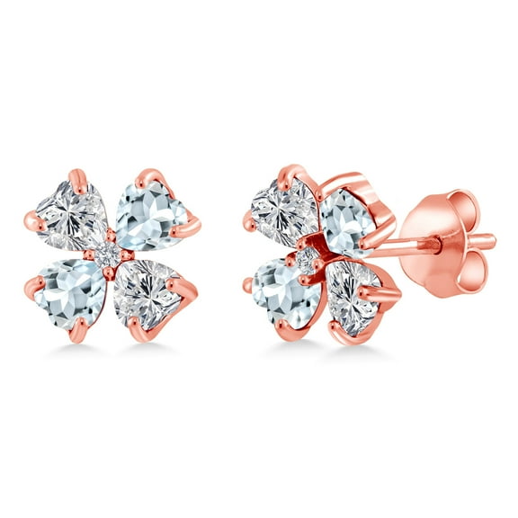 Gem Stone King 18K Rose Gold Plated Silver Lab Grown Diamond and Sky Blue Aquamarine Stud Earrings for Women | 1.95 Cttw | Gemstone April Birthstone | Heart Shape 4MM