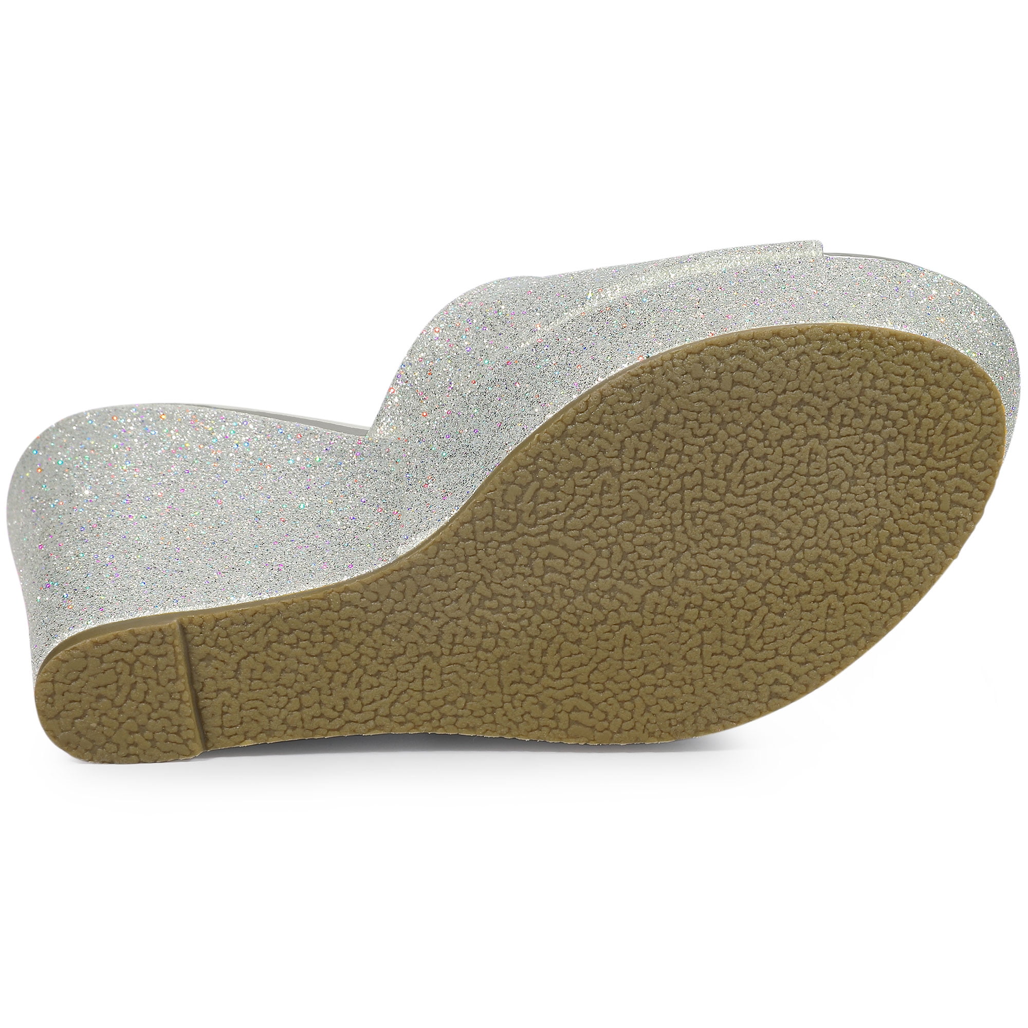 DARING DIVA Women's Glitter Platform Slip-on Wedge Heels Sandals Silver 8.5