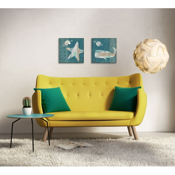 Gango Home Decor Distressed Nautical Beach Seashell Wall Art; Two Blue 12x12in Unframed Paper Prints