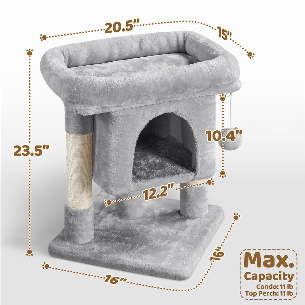Yaheetech 23.5″ H Spacious Cat Tree with Large Top Perch, Condo & Scratching Posts, Light Gray