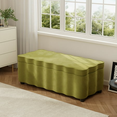 Christopher Knight Home 50" Modern Velvet Storage Ottoman with Scalloped Design, Solid Wood Frame, Olive Green