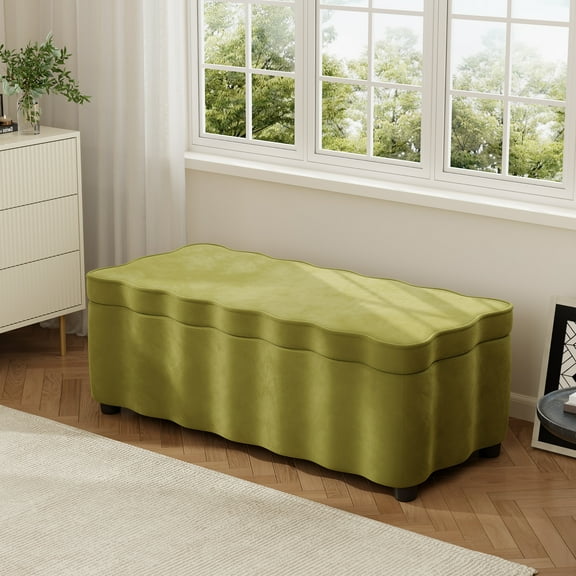 Christopher Knight Home 50" Modern Velvet Storage Ottoman with Scalloped Design, Solid Wood Frame, Olive Green