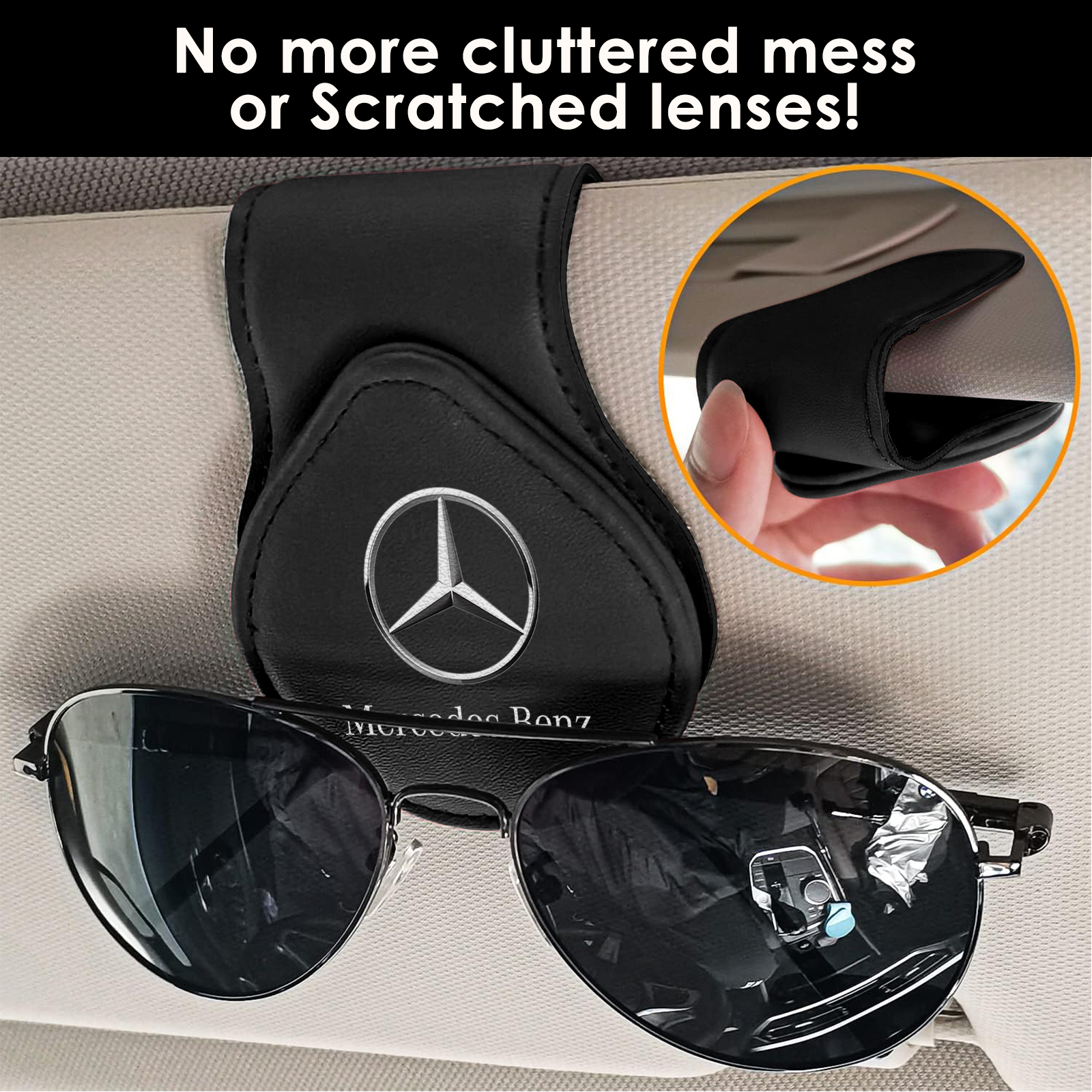 Suitable for Mercedes-Benz Sunglass Holder for , Magnetic Leather Sunglasses Holder and Ticket Card Clip, Car Visor Accessories, 2 Packs (Black)