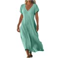 thumbnail image 3 of UVEASISHA Linen Casual Dresses for Women Flowy V Neck Short Sleeve Solid Maxi Dress 2025 Lightweight Comfy Beach Sundress Mint Green L, 3 of 6