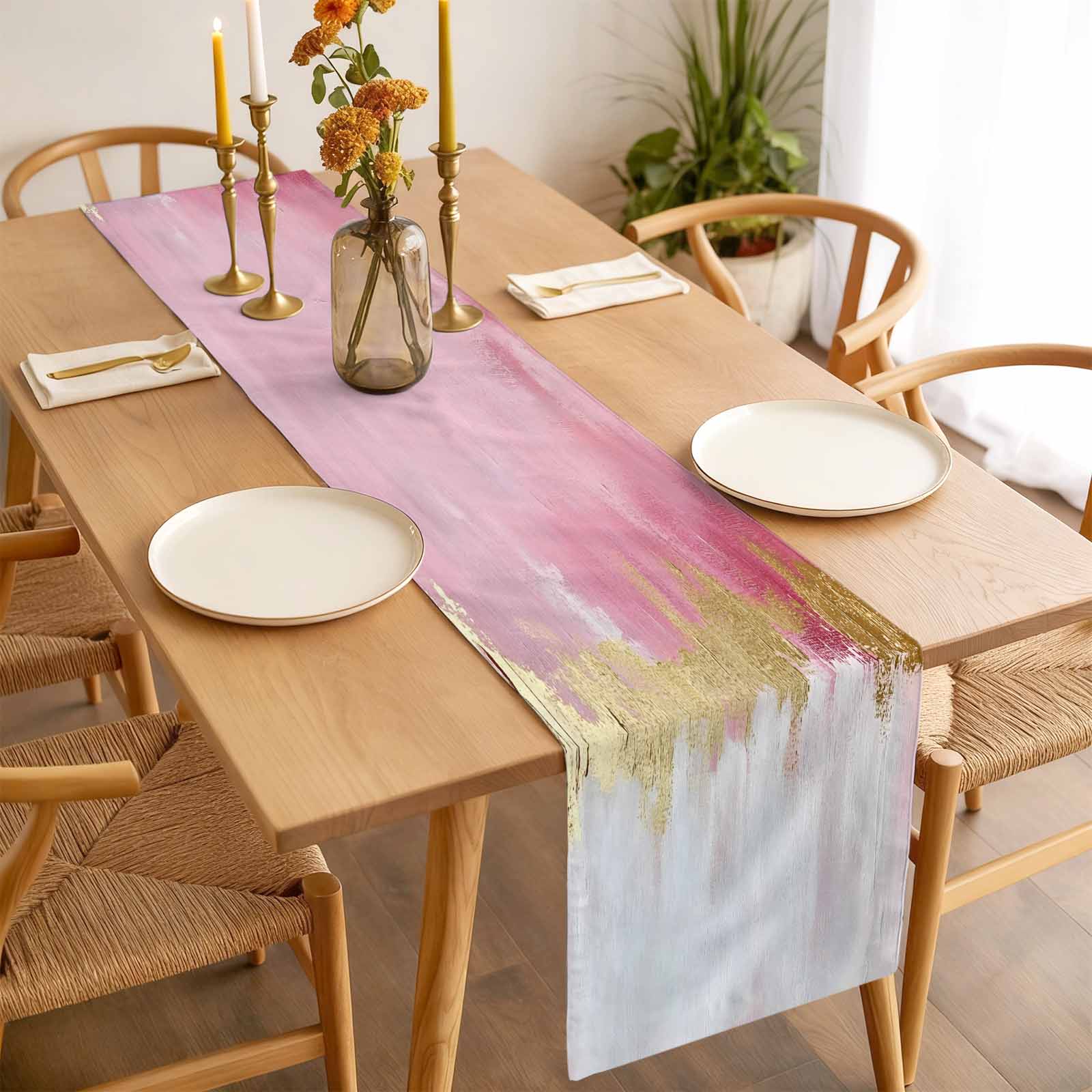 Abstract Street Art Table Runner 13x120 inch Pink Gold Watercolor Decoration Cotton Linen Dining Table Runner Ideal for Dresser Kitchen Coffee Tables - Machine Washable