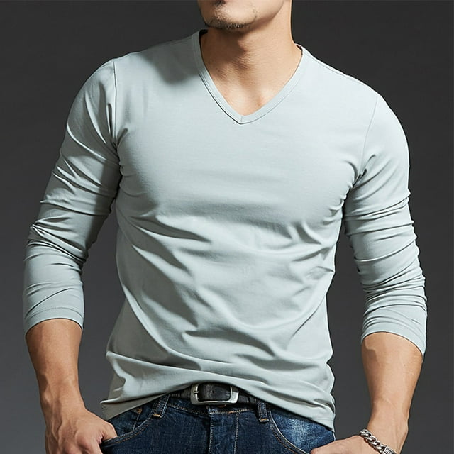 MYG Mens Long Sleeves Muscle V Neck Slim Blouse Activewear Tops Tee Undershirt