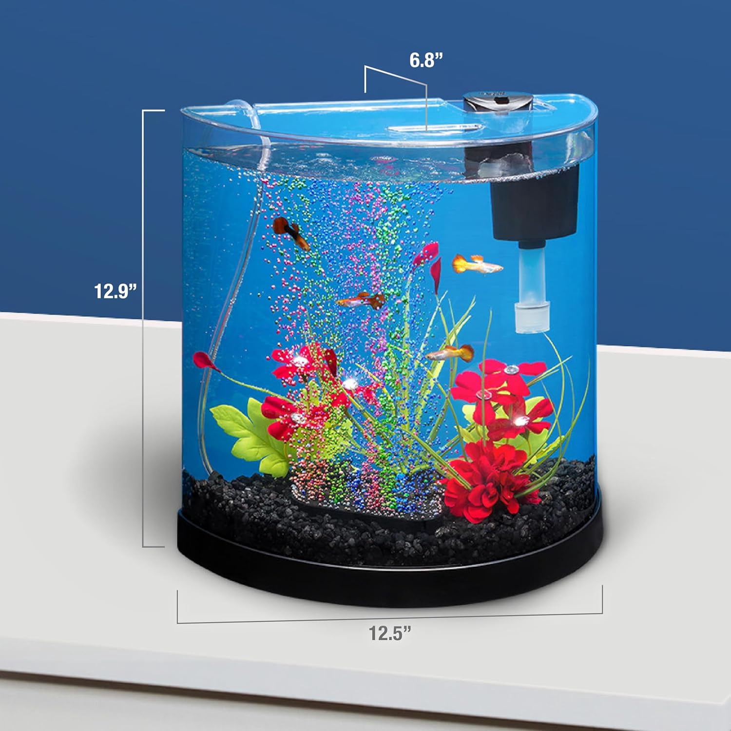 3 Gallon Small Fish Tank, Aquarium Starter Kit, with Filter, Air Pump, & Color Changing Light, Half Moon Shape, for Gold Fish & Betta