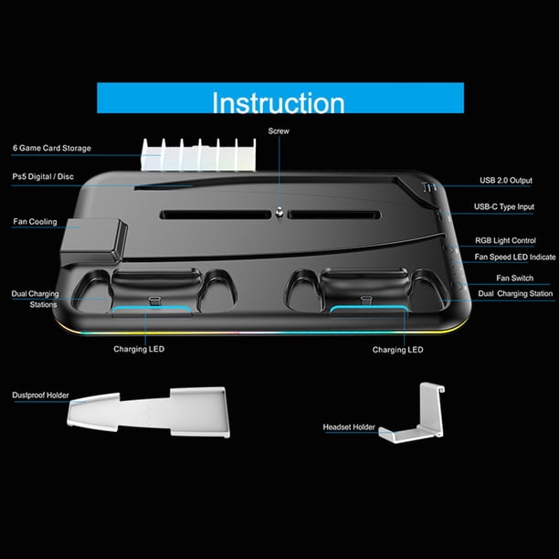 Soporte para ventilador enfriador de consola con soporte de cargador de luz RGB para PS VR2 PS5 (negro)