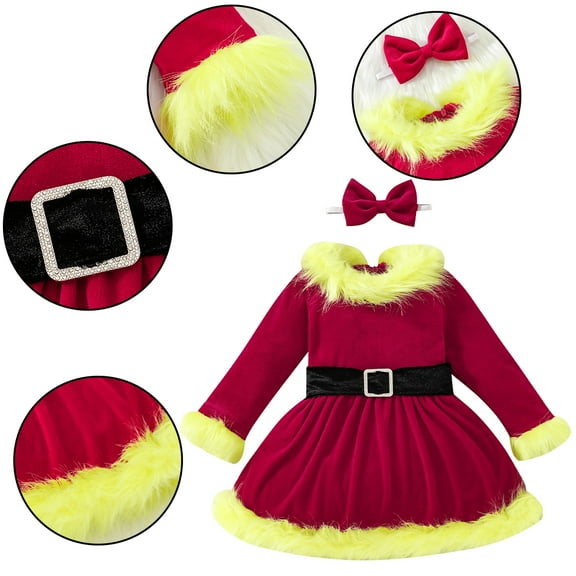Esaierr Toddler Kids Girls Autumn Christmas Dress Bow Headband Headband Long Sleeve Velvet Dress with Belt Baby Princess Dress