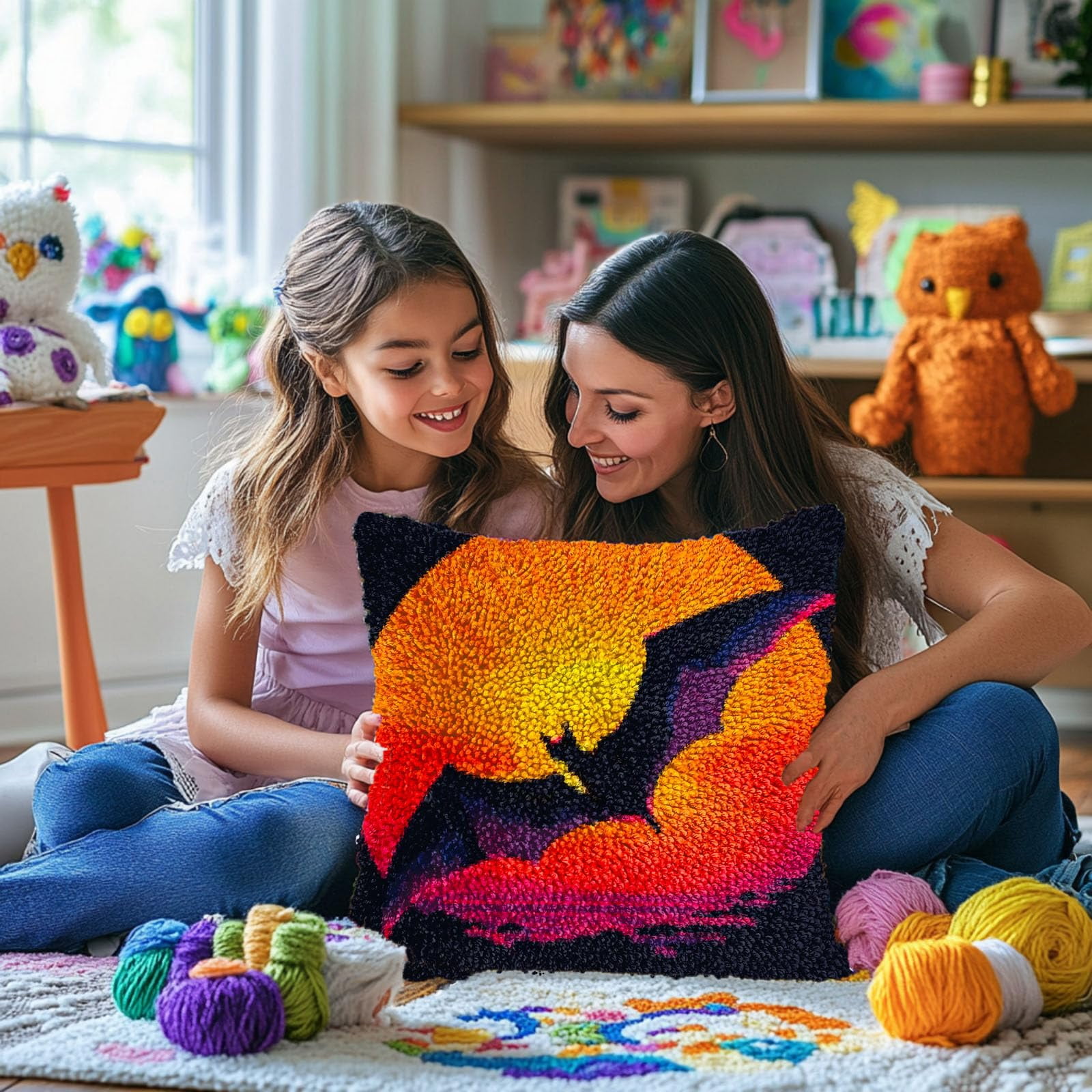 Sunset and Flying Bat DIY Latch Hook Pillow Kits for Adults Printed Pillowcase Crochet Yarns Hooking Handmade Pillow Cover Cushion for Home Sofa Decoration 17x17inch
