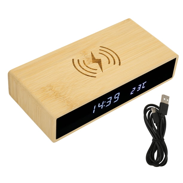 Reloj despertador digital de madera con carga inalámbrica, multifunción, moderno y exquisito reloj LED de bambú.