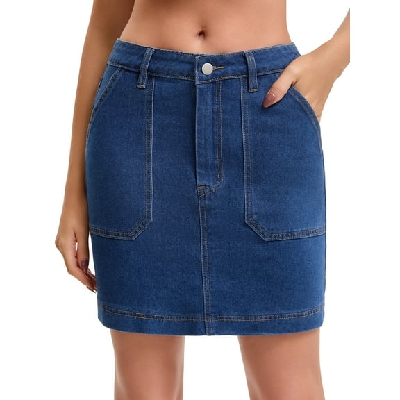 INSPIRE CHIC Women's Denim Mini Skirt High Waisted Stretch Casual Pockets Short Jean Skirts M Dark Blue
