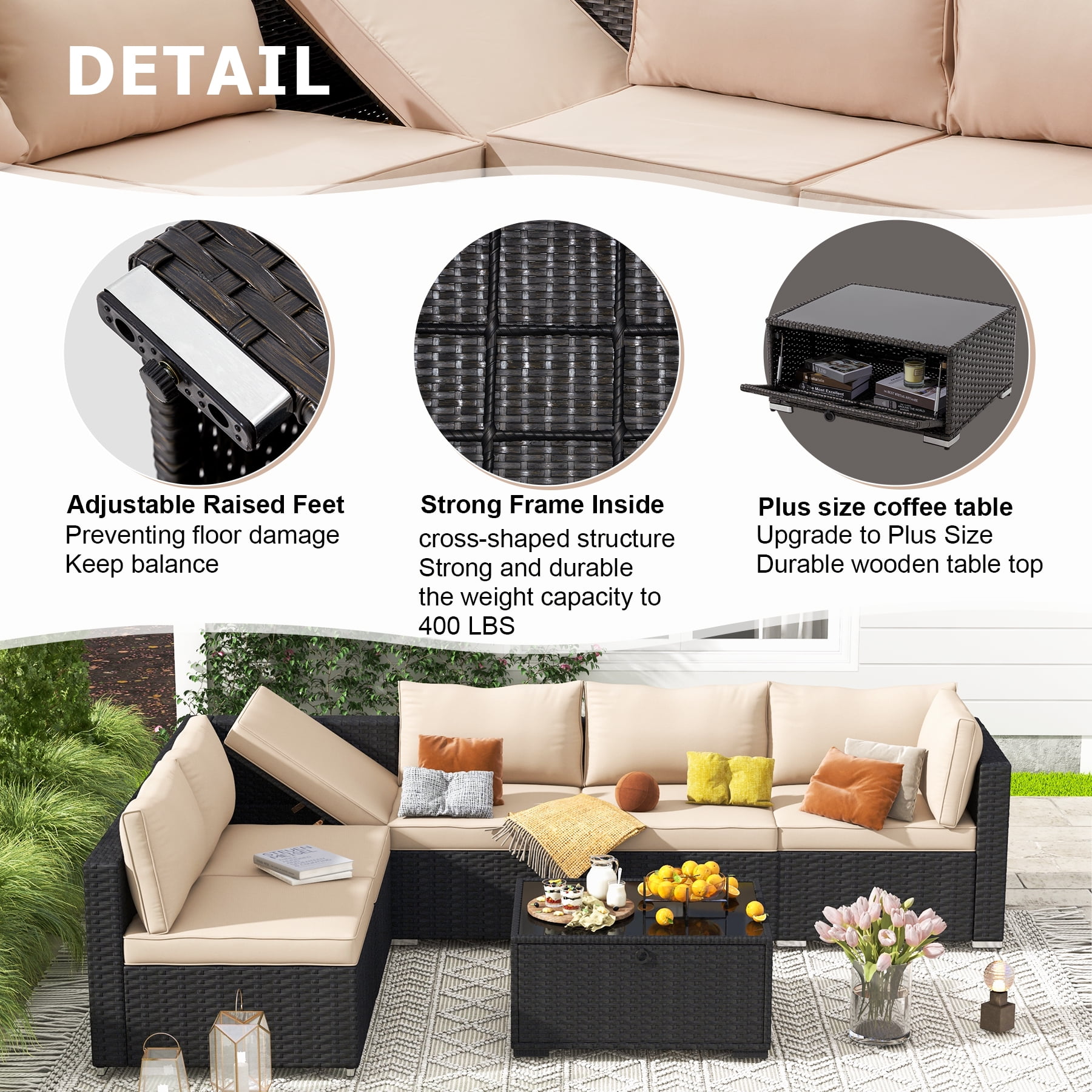 GYUTEI 7 Piece Patio Furniture Set with Adjustable Bracket All-Weather Wicker Conversation Set with Coffee Table for Porch Garden Backyard (Khaki)