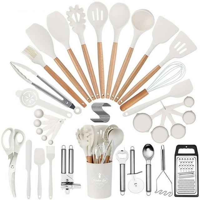Kitchen Utensils Set 44 Pcs Non Stick Silicone Cooking Utensils Set with Wooden Handle Kitchen Gadgets Tools Set for Nonstick Cookware Fall Decor Valentines Decor