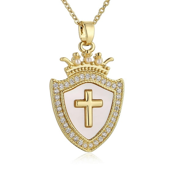 HZMAN Shield Armor of God Cross Necklace for Women 14K Gold Plated Cross Natural Shell Shield Pendant Necklace Protection Jewelry Gift