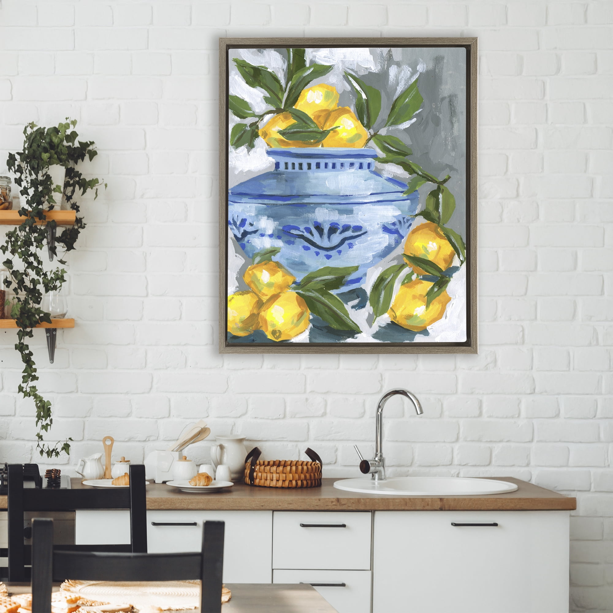 Stupell Industries Indigo & Lemon Vase Brown Framed Floater Canvas Wall Art, design by Melissa Wang