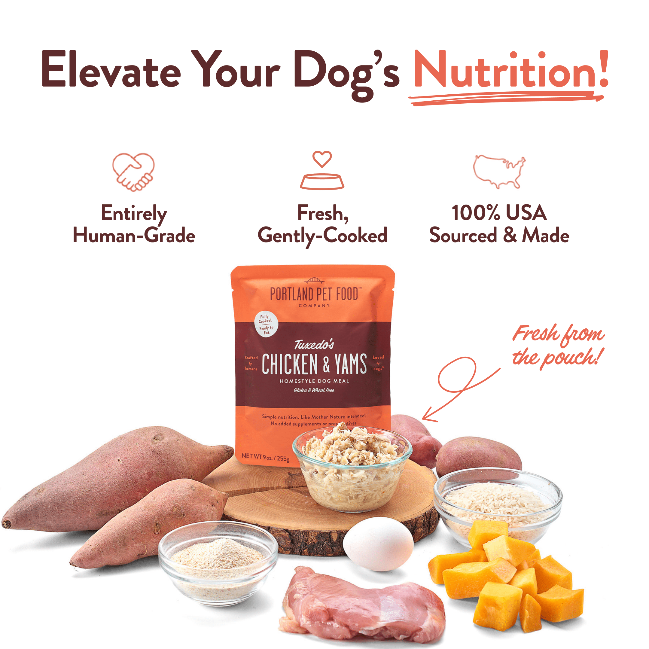Portland Pet Food Company Tuxedo’s Chicken & Yams Fresh Dog Food Pouches - Human-Grade, Gluten-Free Wet Pet Meal Topper & Mixers - Large & Small Breed Puppy & Senior Dogs - Made in The USA - 8 Pack