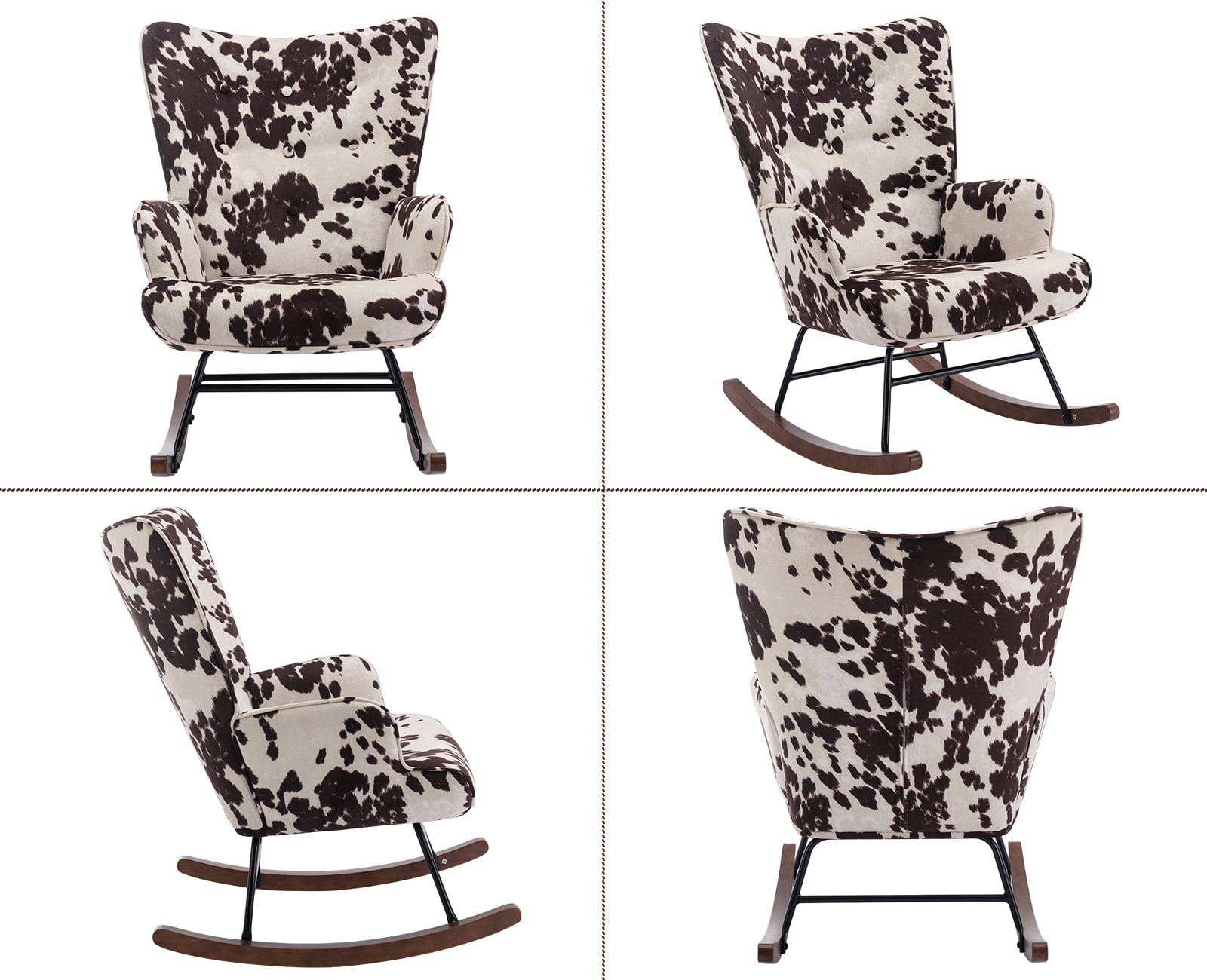 Guyou Modern Rocking Chair, Glider Nursery Chair with Tufted Wingback, Velvet Upholstered Accent Armchair for Living Room Bedroom Nursery, Milk Cow Print