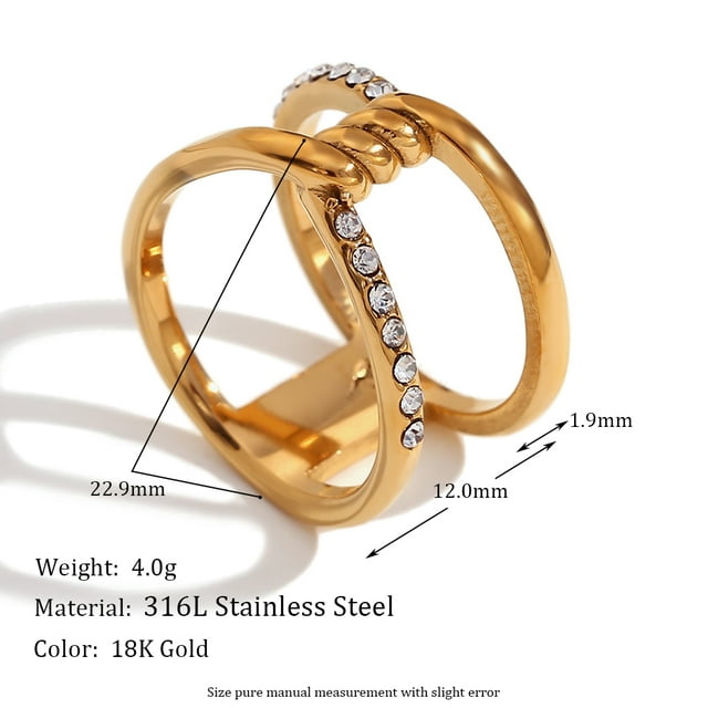 E.B.belle Luxury Full Rhinestone Heart Wide Facted Rings 18K Gold Plated Stainless Steel Women Men Exaggerated Charm