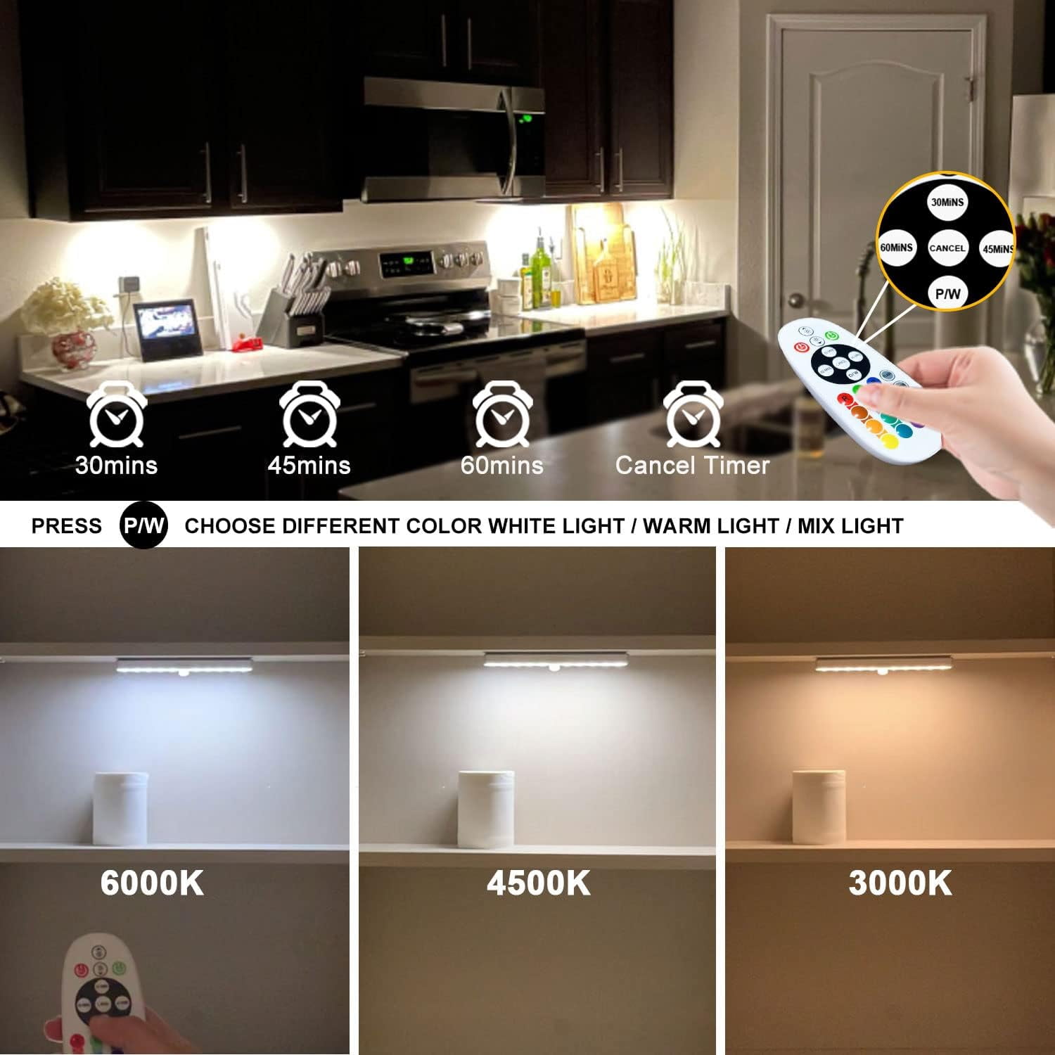 Under Cabinet Lights Wireless, 48-LED Under Cabinet Lighting Rechargeable, Closet Light with Timer & Dimmable, Under Counter Lights for Kitchen Shelf Pantry Desk (4 Packs)