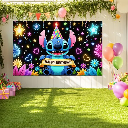 Stitch Birthday Party Banner - Vibrant polyester background for indoor/outdoor celebrations garden party designs birthday decorations celebration accessories cartoon character decorations
