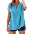 thumbnail image 2 of Oversized Tshirts for Women, Fashion Casual V Neck Short Sleeve Cotton Linen T Shirt, Blue XL, 2 of 5