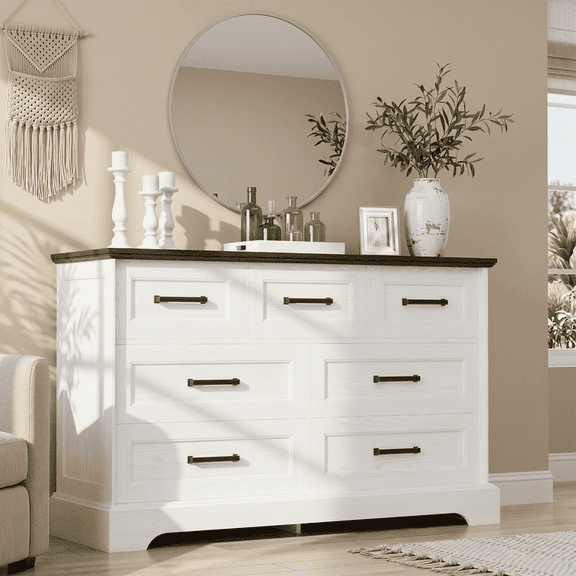 Homall Wooden 7 Drawer Dresser for Bedroom, Modern Chest of Drawers, Storage Cabinet Organizer with Metal Handles for Bedroom, Living Room and Closet, White and Brown Top