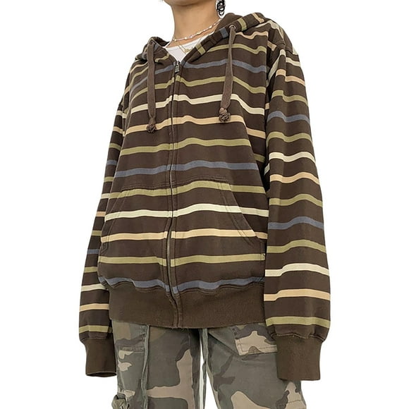 SUNSIOM Women Zip Up Drawstring Hoodie Casual Striped Sweatshirt Jacket Autumn Streetwear