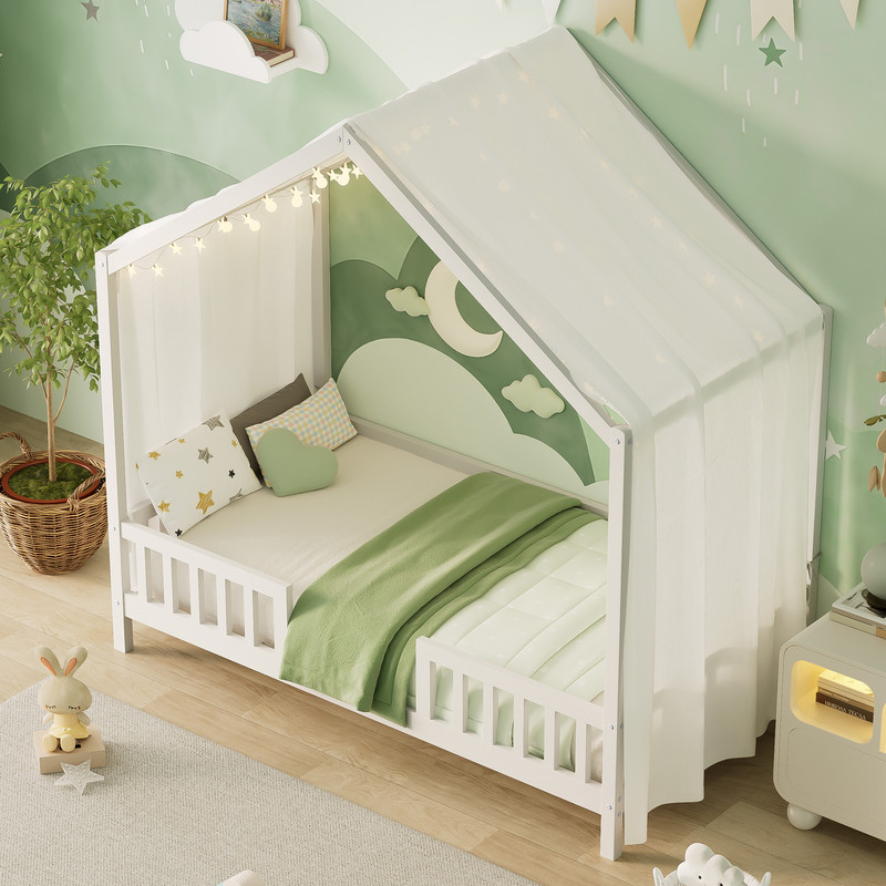 Mirightone Twin Toddler Bed Frame with Rails, Montessori Floor Bed, Wood House Twin Canopy Bed Frame, Twin Bed Frame for Girls Boys, White