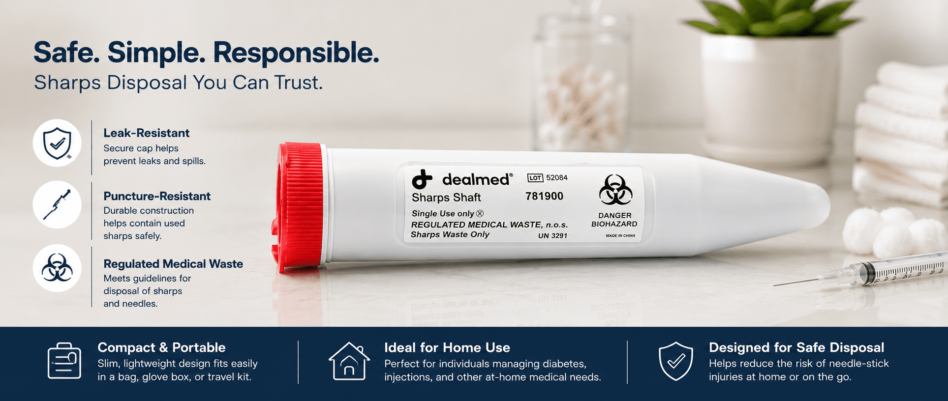 Dealmed Sharps Shaft, 50 mL Secure Snap-On Leakproof Cap (Case f 24)