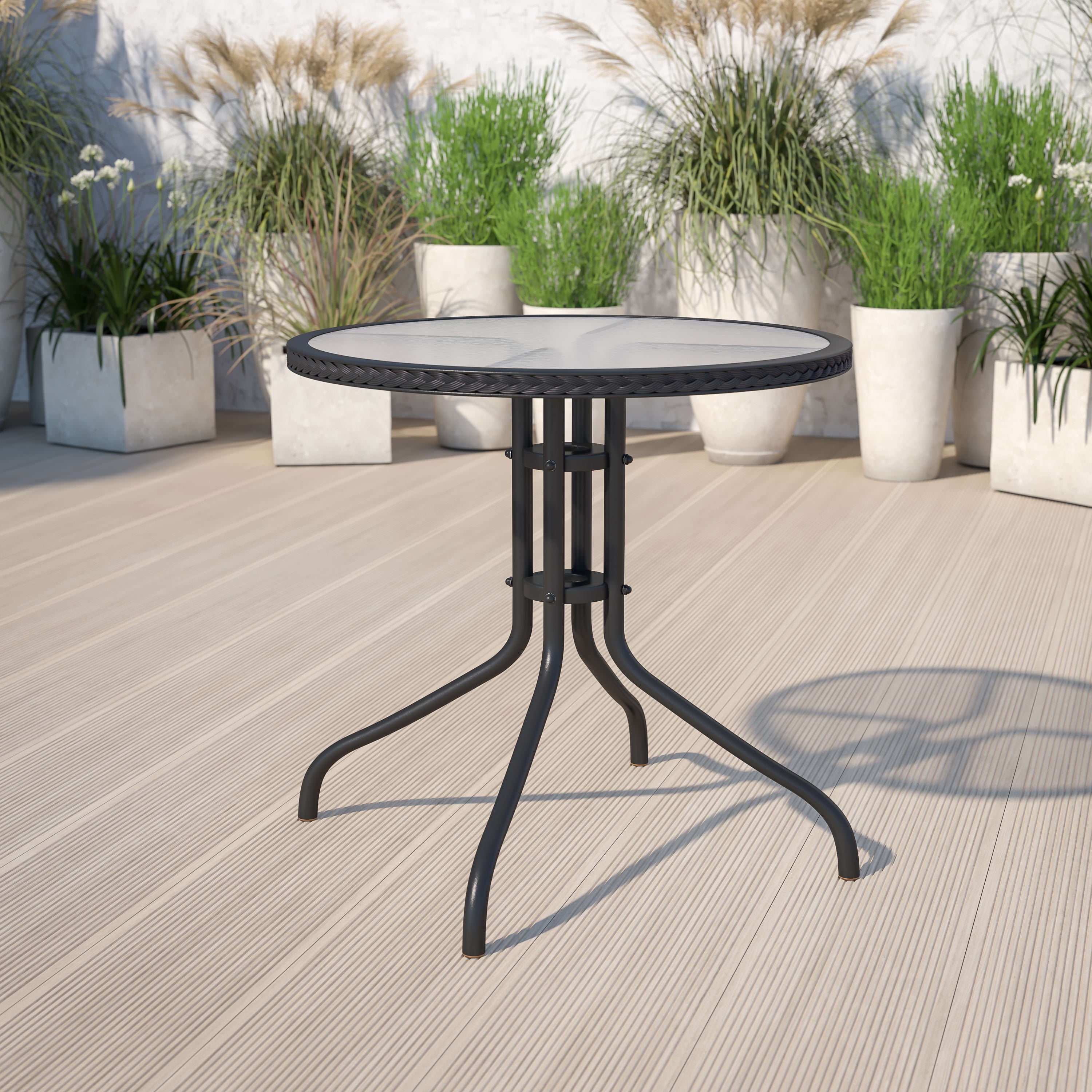 Flash Furniture 28 Round Tempered Glass Metal Table with Dark Brown Rattan Edging, 
