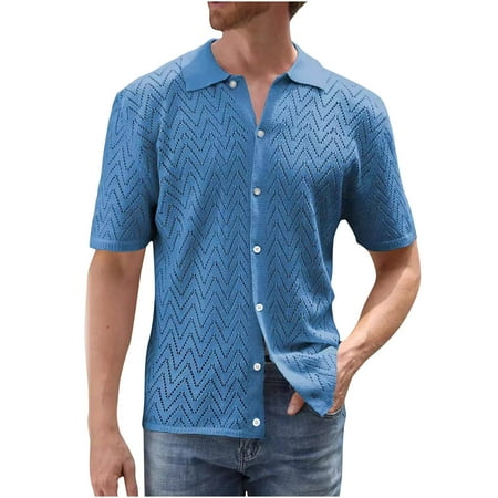 IYTR Mens Knit Shirts Short Sleeve T Shirts Comfy Button Up Turndown Collar Casual Solid Color Summer Fashion Regular Fit Beach Shirt Sky Blue S