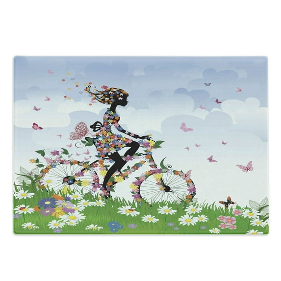 Outdoor Cutting Board, Woman Riding Vintage Romantic Bike with Spring Time Flowers in Basket Nature Image, Decorative Tempered Glass Cutting and Serving Board, Large Size, Multicolor, by Ambesonne