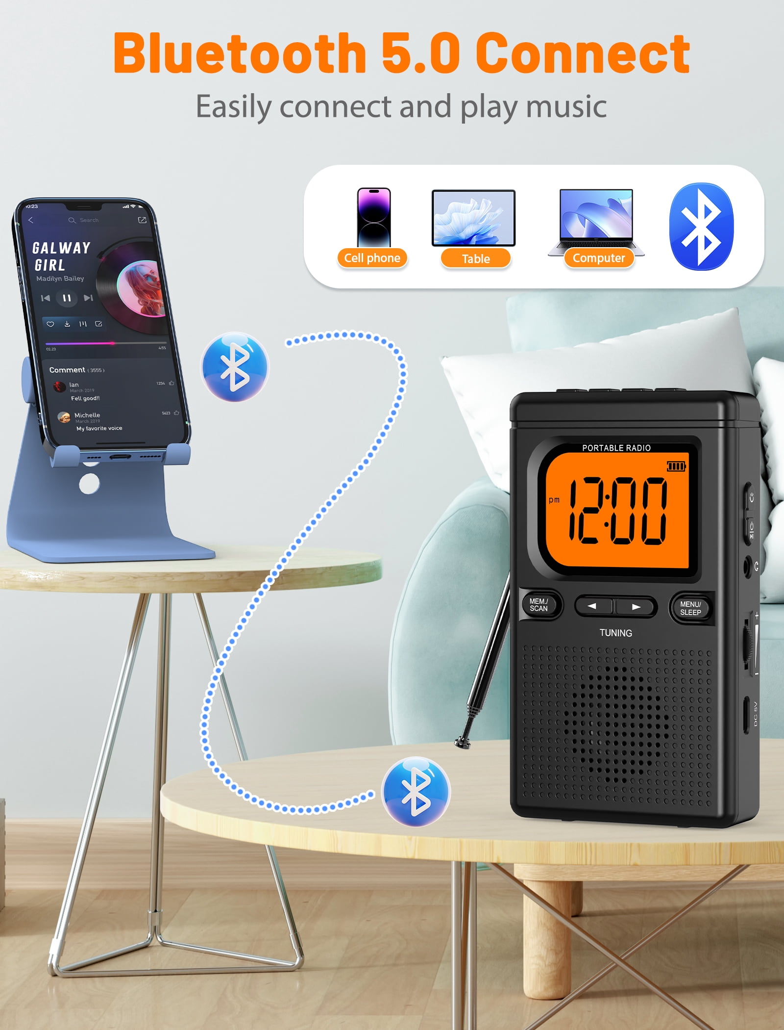 Bluetooth Portable AM FM Radio, Pocket Radio with Digital Tuning, Rechargeable AM FM Radio with  Earphone Jack, Flashlight, LCD Screen
