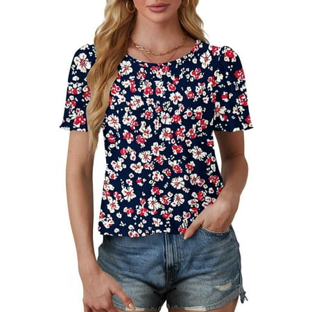 Patlollav Womens Summer Tops Casual Short Short Sleeve T Shirts Floral Print Pleated Tunics Round Neck Work Blouse