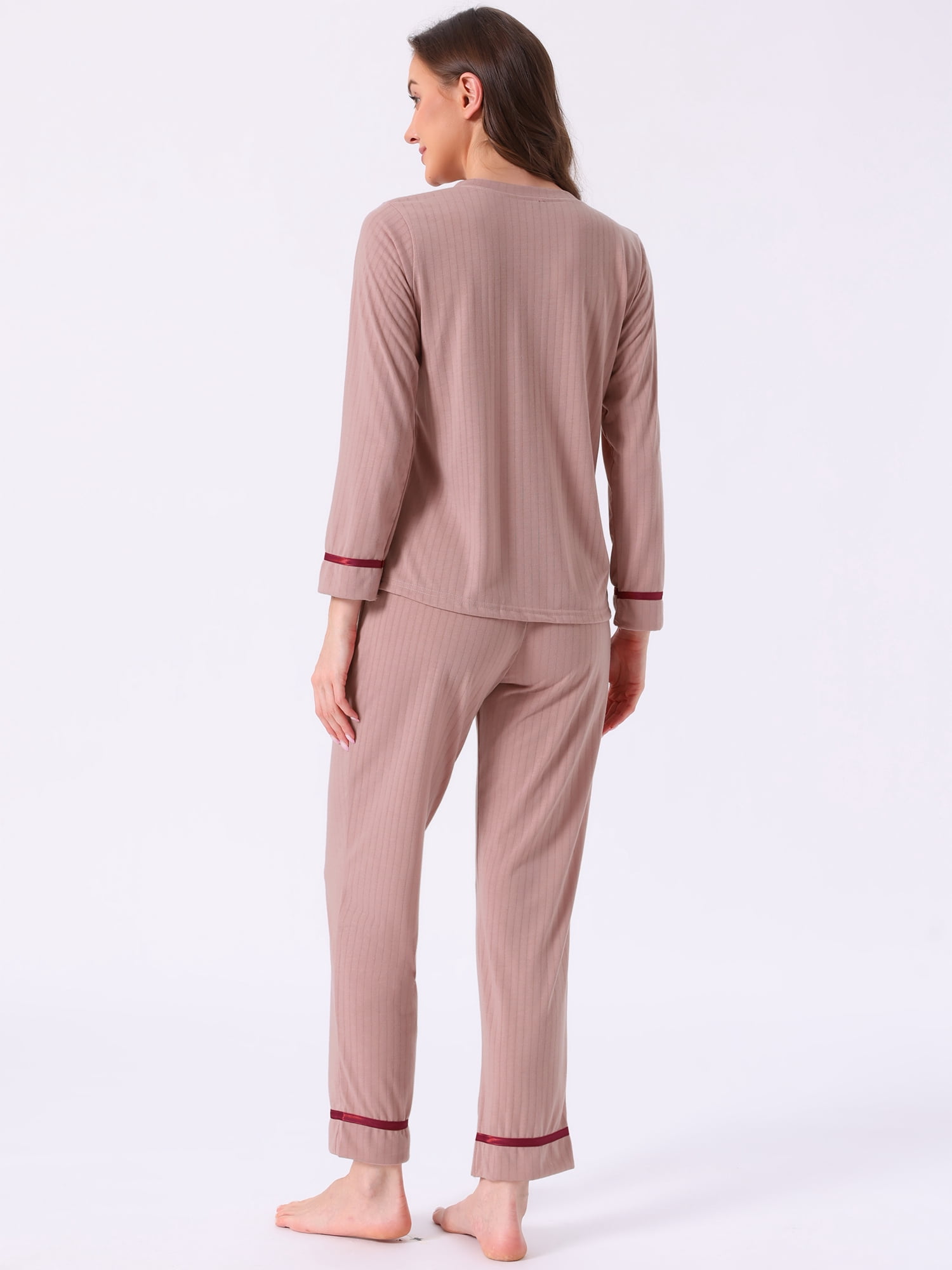 DARING DIVA Women's Cotton Ribbed Pullover V-neck Tops with Bottoms Pajama Sets S Pink