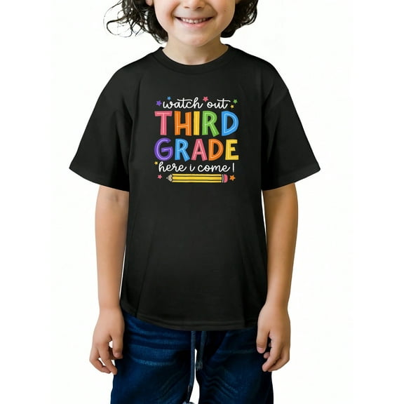 THIRD GRADE Letter Print Summer Graphic T-shirts for Outdoor Sports and Daily Wearing, Young Boys T-Shirts, Size from 3-13Y