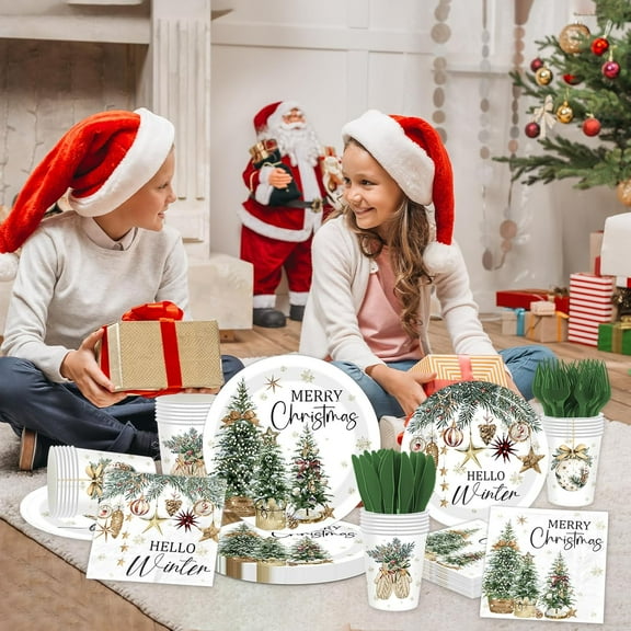 YUYAN-144Pcs Merry Christmas Paper Plates and Napkins -Snowflake Christmas Tree Bell Dinnerware Set for Hello Winter Holiday Xmas Party Supplies