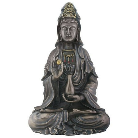 Seated Kuan Yin Statue - Antique Bronze Finish Kuan Yin Religious Shrine Decorative Statue