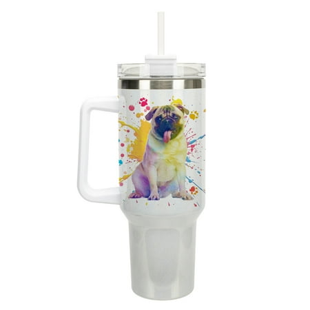 

100 North 40 Ounce Stainless Steel Double Wall Insulated Glitter Travel Tumbler With Handle Straw and Lid Pug Dog White