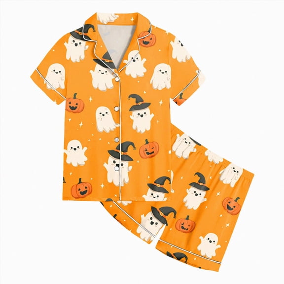 TOWED22 Kids Halloween Pajamas Sets Baby Boy Girl Button-Down Silk Sleepwear 2 Piece Short Sleeve Loungewear Clothes Set for 2-13 Years Teens(Light Yellow,6-7 Y)