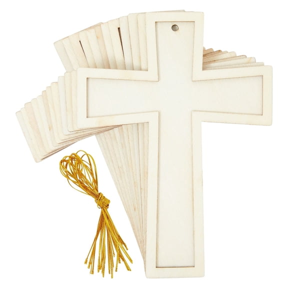 Bright Creations Wooden Crosses for Crafts - 3.8 x 5 in, 12 Pack, Gold String - Paintable Wooden Craft Crosses & Cross Cutouts for DIY Projects