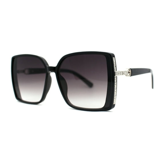 Womens Luxury Rhinestone Jewel Trim Rectangular Butterfly Sunglasses Black Silver Smoke