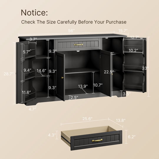 Buffet Cabinet, Aiho Coffee Bar Cabinet with 1 Drawer and 4Doors, 56" Kitchen Storage Cabinet for Kitchen, Living Room and Bathroom - Black