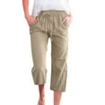 thumbnail image 5 of Capri Pants for Women Casual 2026 Summer Drawstring Elastic High Waist Linen Pants Wide Leg Plus Size Lounge Capri, Khaki 20" Inseam S, 5 of 5