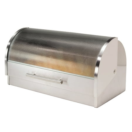 Stainless Bread - Oggi Stainless Steel Bread Box with Tempered Glass Roll Top Lid