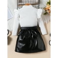 thumbnail image 3 of Suealasg Toddler Kids Girl Fall Winter 2Pcs Outfits Ruffles Long Sleeve Tops and Leather Pleated Skirt Set 1T 2T 3T 4T 5T 6T Little Girl Autumn Clothes Set, 3 of 7