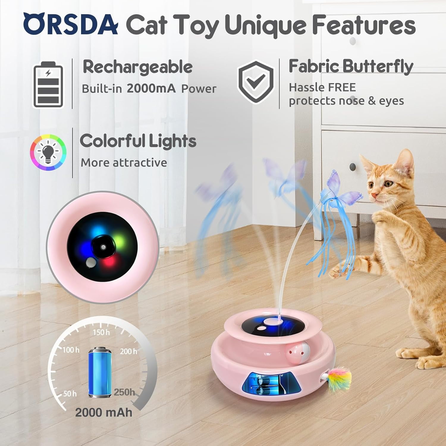 ORSDA 3-in-1 Cat Toys Rechargeable, Interactive Cat Toys for Indoor Cats Automatic Kitten Toy, Moving Ambush Feather, Fluttering Butterfly Toy, Track Balls, Whack a mole Cat Teaser with 11 Attachments